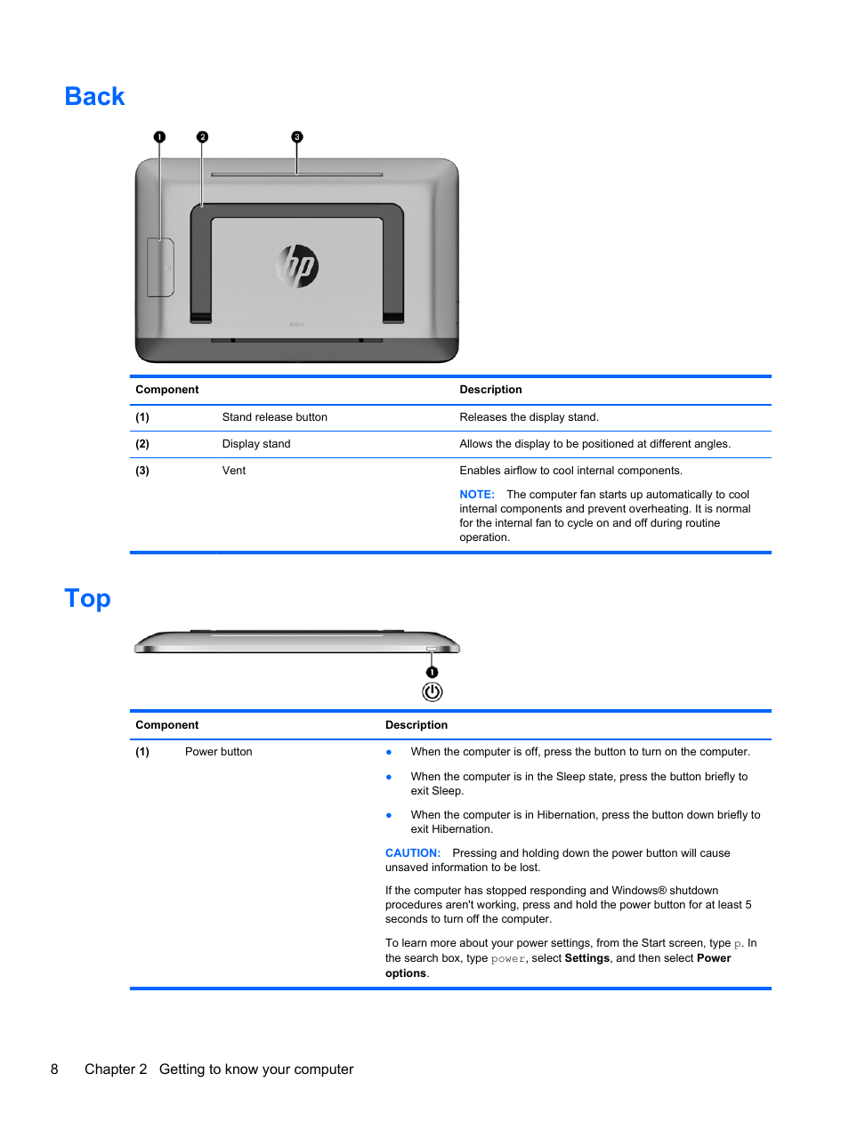 Back, Back top | HP ENVY Rove 20-k121us Mobile All-in-One Desktop PC User Manual | Page 16 / 65