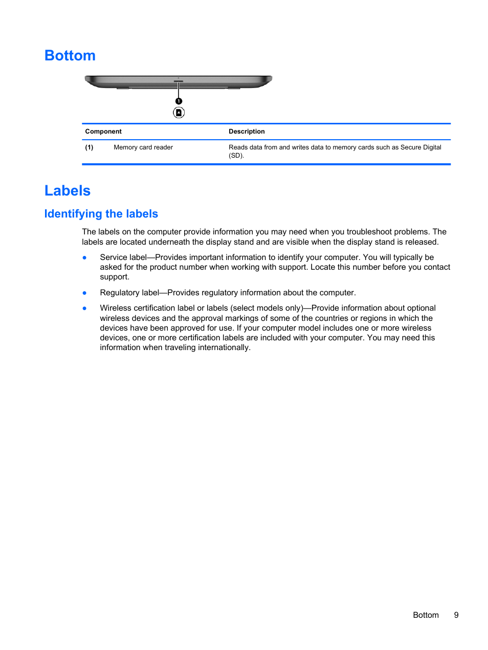 Bottom, Labels, Identifying the labels | Bottom labels | HP ENVY Rove 20-k121us Mobile All-in-One Desktop PC User Manual | Page 17 / 65