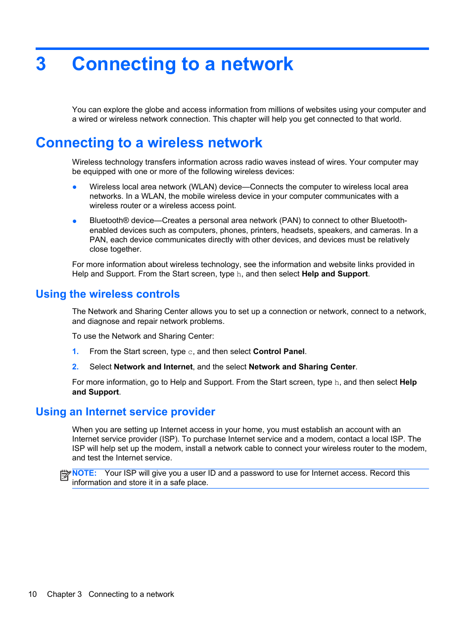 Connecting to a network, Connecting to a wireless network, Using the wireless controls | Using an internet service provider, 3 connecting to a network, Connecting, 3connecting to a network | HP ENVY Rove 20-k121us Mobile All-in-One Desktop PC User Manual | Page 18 / 65