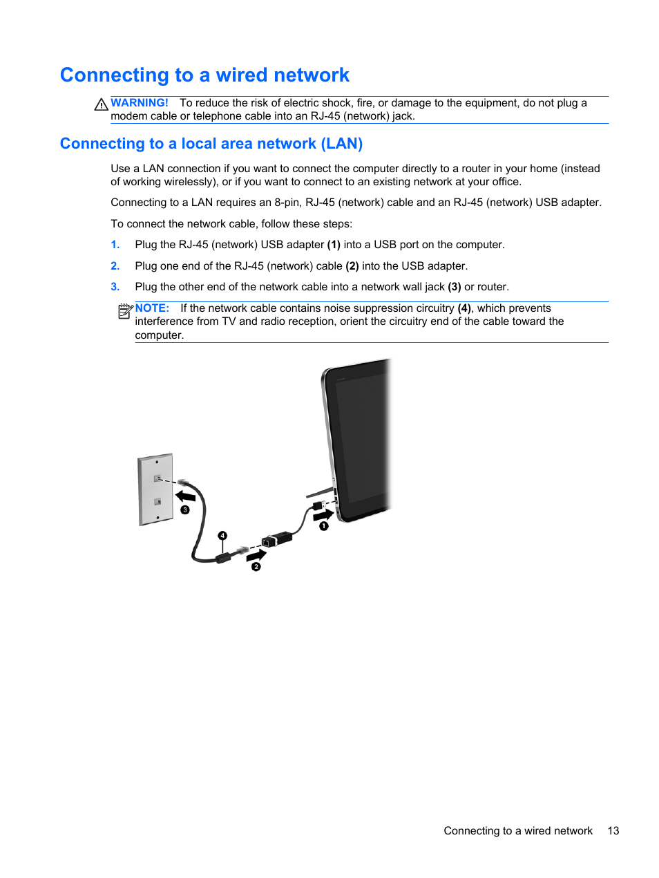 Connecting to a wired network, Connecting to a local area network (lan) | HP ENVY Rove 20-k121us Mobile All-in-One Desktop PC User Manual | Page 21 / 65