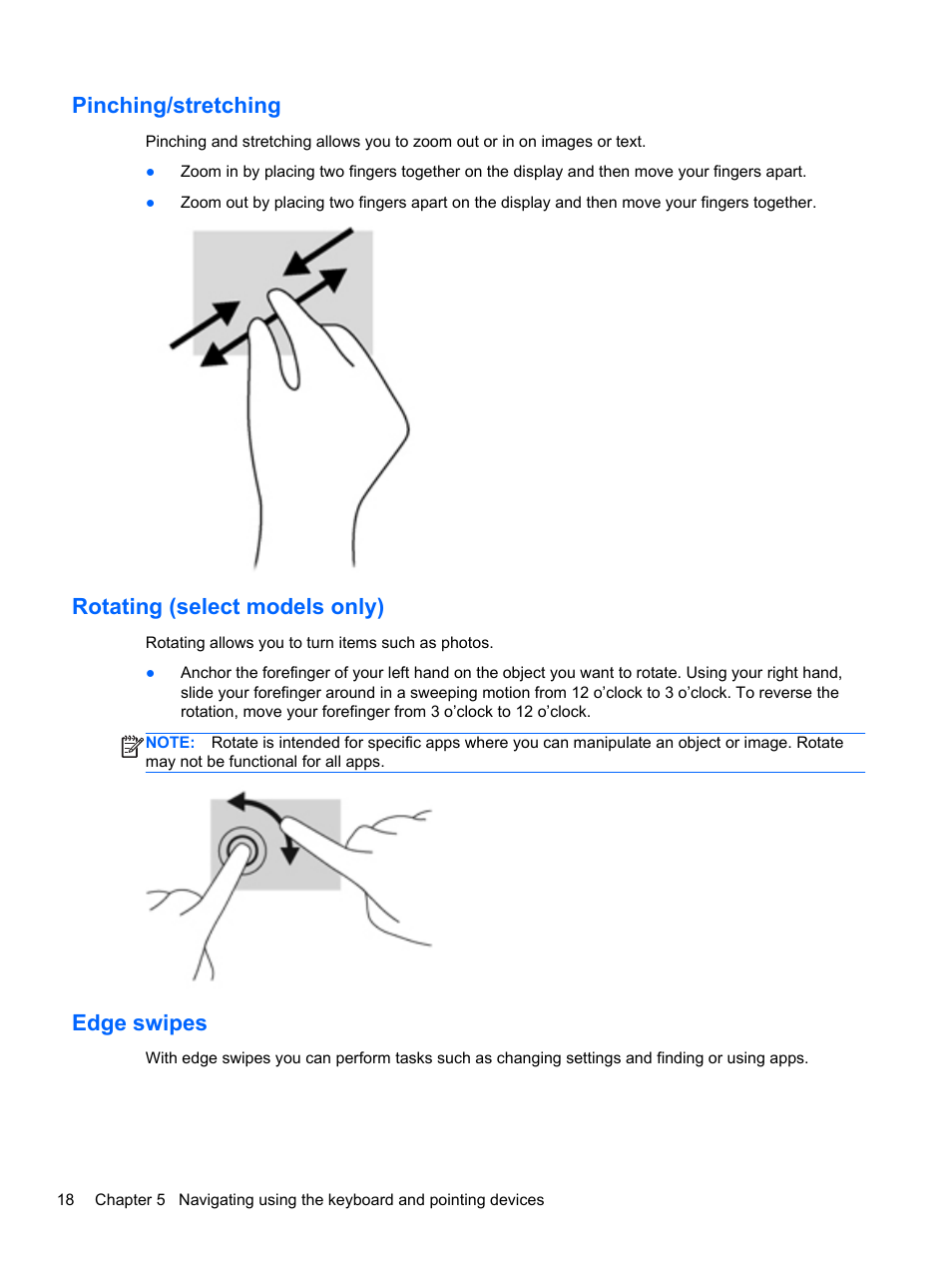 Pinching/stretching, Rotating (select models only), Edge swipes | HP ENVY Rove 20-k121us Mobile All-in-One Desktop PC User Manual | Page 26 / 65