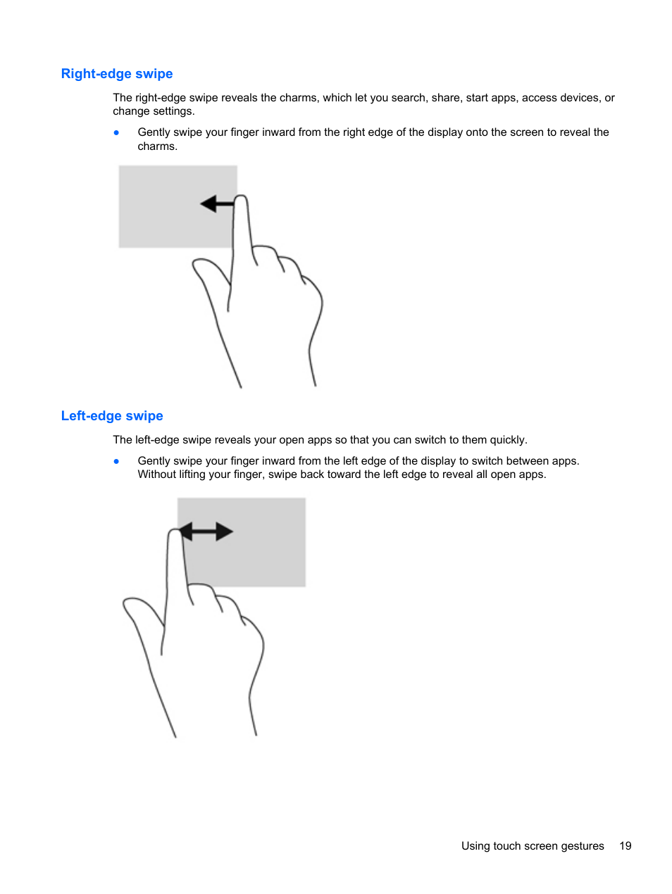 Right-edge swipe, Left-edge swipe, Right-edge swipe left-edge swipe | HP ENVY Rove 20-k121us Mobile All-in-One Desktop PC User Manual | Page 27 / 65