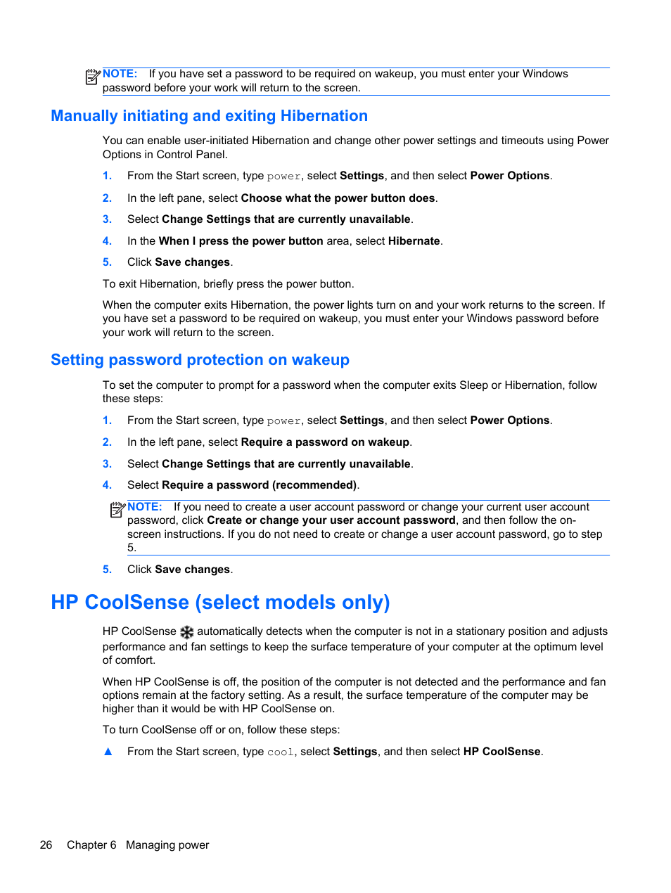 Manually initiating and exiting hibernation, Setting password protection on wakeup, Hp coolsense (select models only) | HP ENVY Rove 20-k121us Mobile All-in-One Desktop PC User Manual | Page 34 / 65