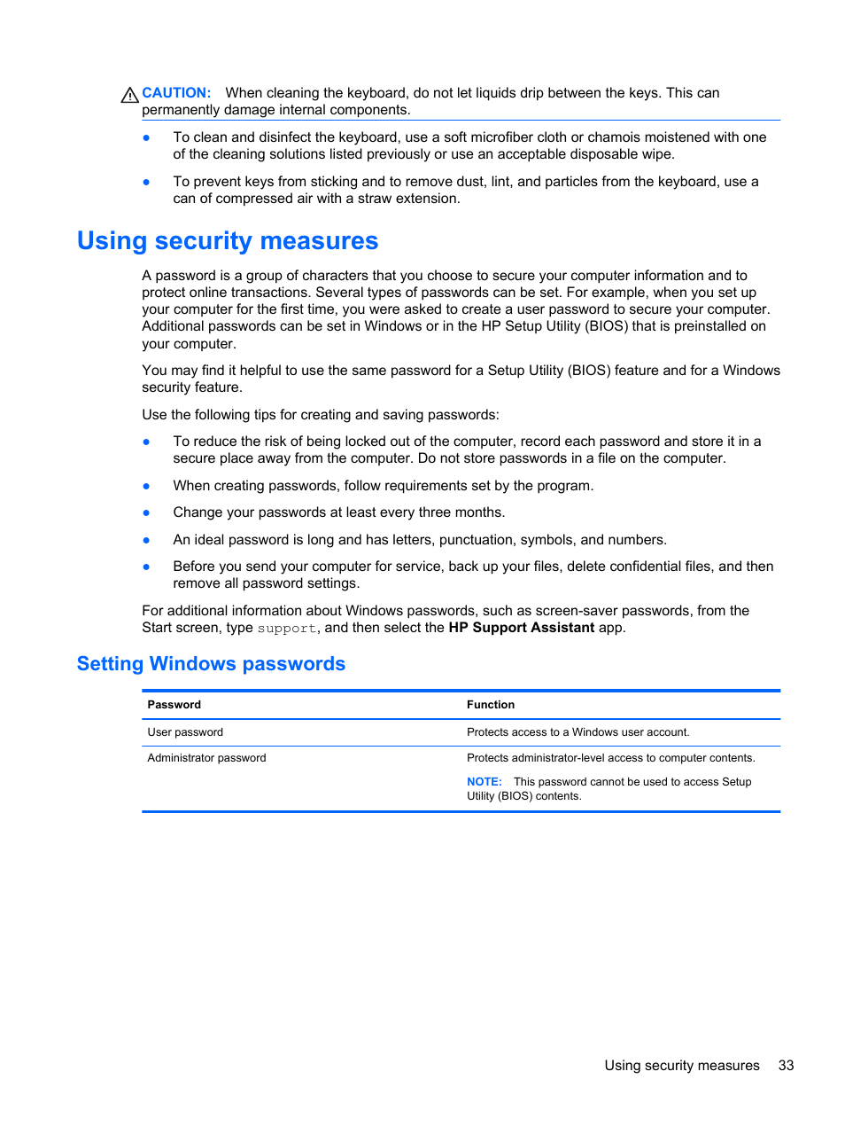 Using security measures, Setting windows passwords | HP ENVY Rove 20-k121us Mobile All-in-One Desktop PC User Manual | Page 41 / 65
