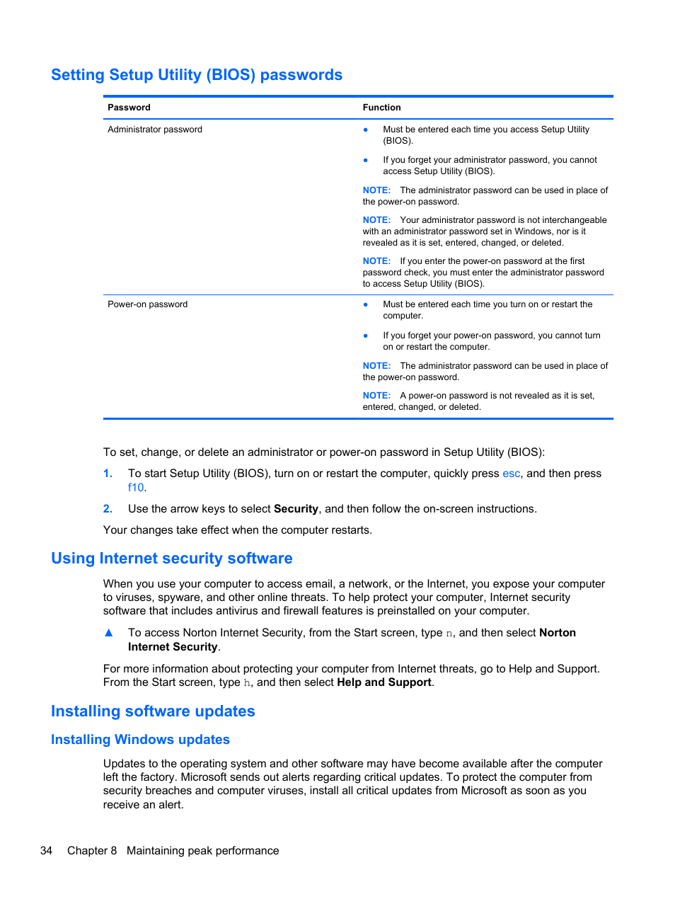 Setting setup utility (bios) passwords, Using internet security software, Installing software updates | Installing windows updates | HP ENVY Rove 20-k121us Mobile All-in-One Desktop PC User Manual | Page 42 / 65