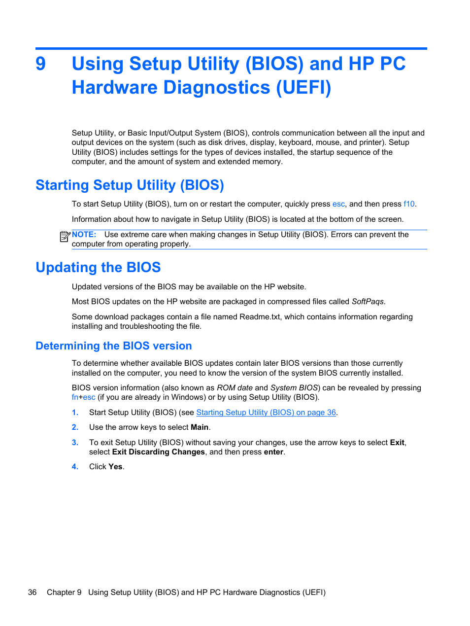 Starting setup utility (bios), Updating the bios, Determining the bios version | Starting setup utility (bios) updating the bios | HP ENVY Rove 20-k121us Mobile All-in-One Desktop PC User Manual | Page 44 / 65