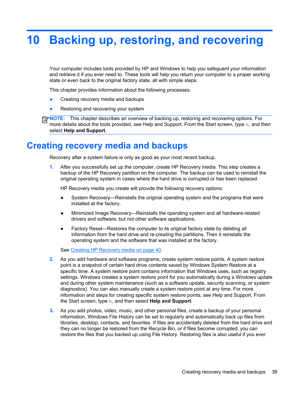 Backing up, restoring, and recovering, Creating recovery media and backups, 10 backing up, restoring, and recovering | HP ENVY Rove 20-k121us Mobile All-in-One Desktop PC User Manual | Page 47 / 65