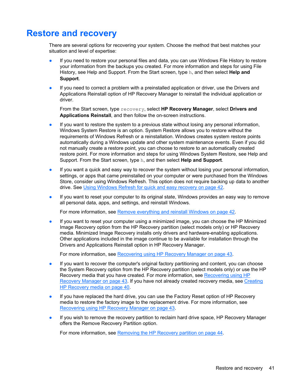 Restore and recovery | HP ENVY Rove 20-k121us Mobile All-in-One Desktop PC User Manual | Page 49 / 65
