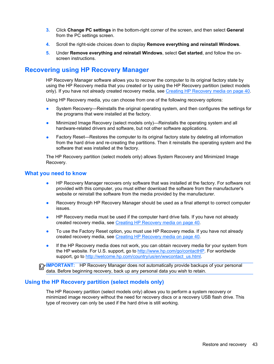 Recovering using hp recovery manager, What you need to know, Recovering using hp | HP ENVY Rove 20-k121us Mobile All-in-One Desktop PC User Manual | Page 51 / 65