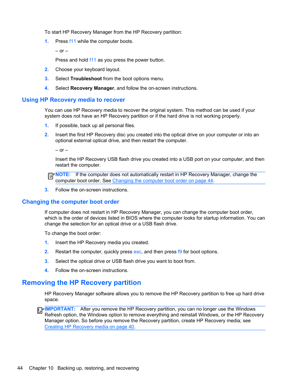 Using hp recovery media to recover, Changing the computer boot order, Removing the hp recovery partition | HP ENVY Rove 20-k121us Mobile All-in-One Desktop PC User Manual | Page 52 / 65