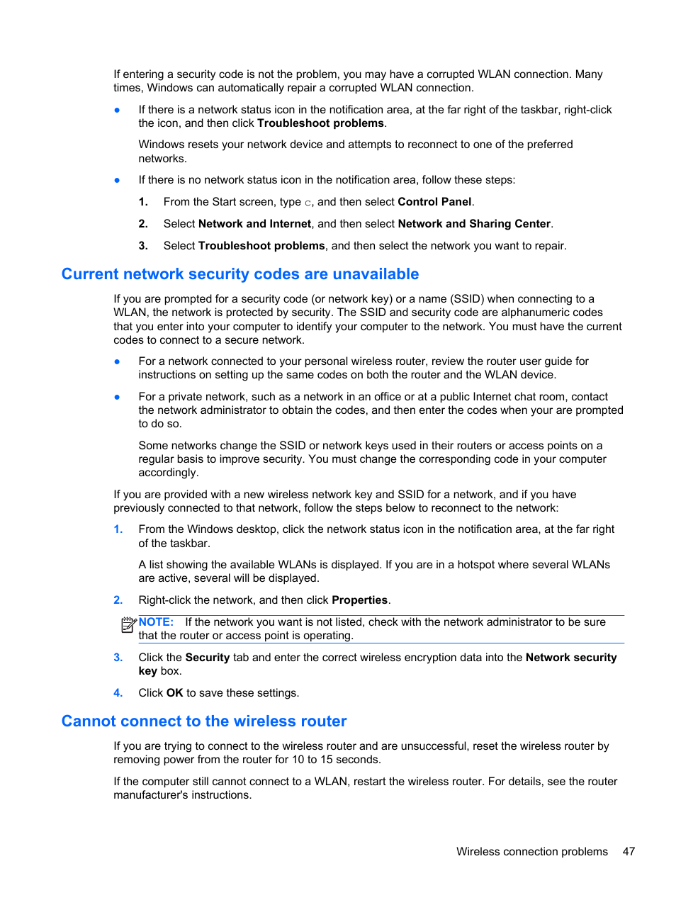 Current network security codes are unavailable, Cannot connect to the wireless router | HP ENVY Rove 20-k121us Mobile All-in-One Desktop PC User Manual | Page 55 / 65