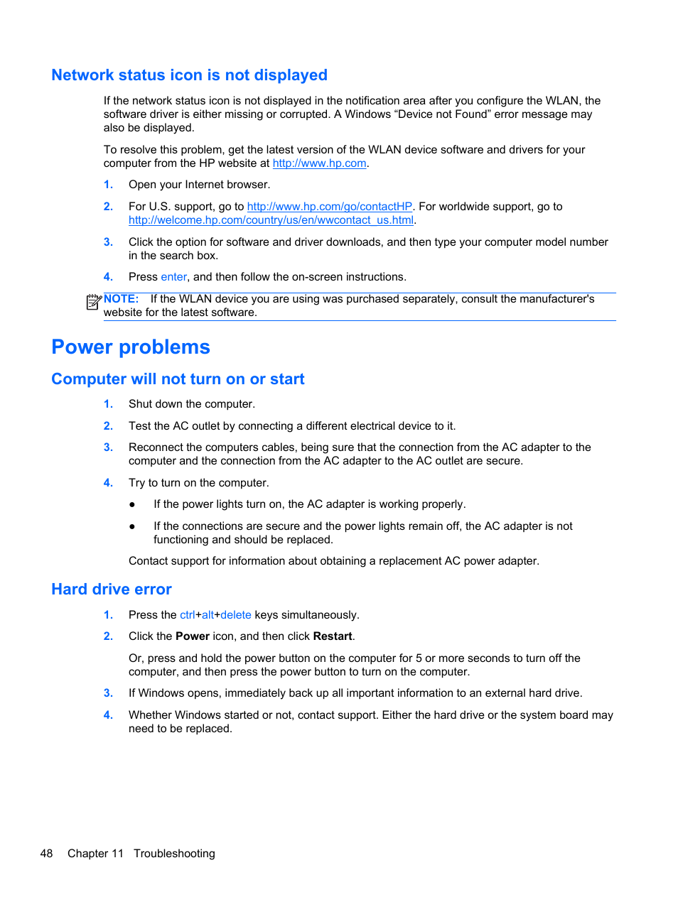 Network status icon is not displayed, Power problems, Computer will not turn on or start | Hard drive error | HP ENVY Rove 20-k121us Mobile All-in-One Desktop PC User Manual | Page 56 / 65