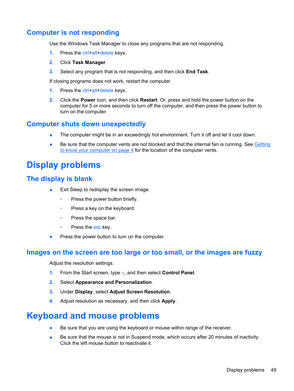 Computer is not responding, Computer shuts down unexpectedly, Display problems | The display is blank, Keyboard and mouse problems | HP ENVY Rove 20-k121us Mobile All-in-One Desktop PC User Manual | Page 57 / 65