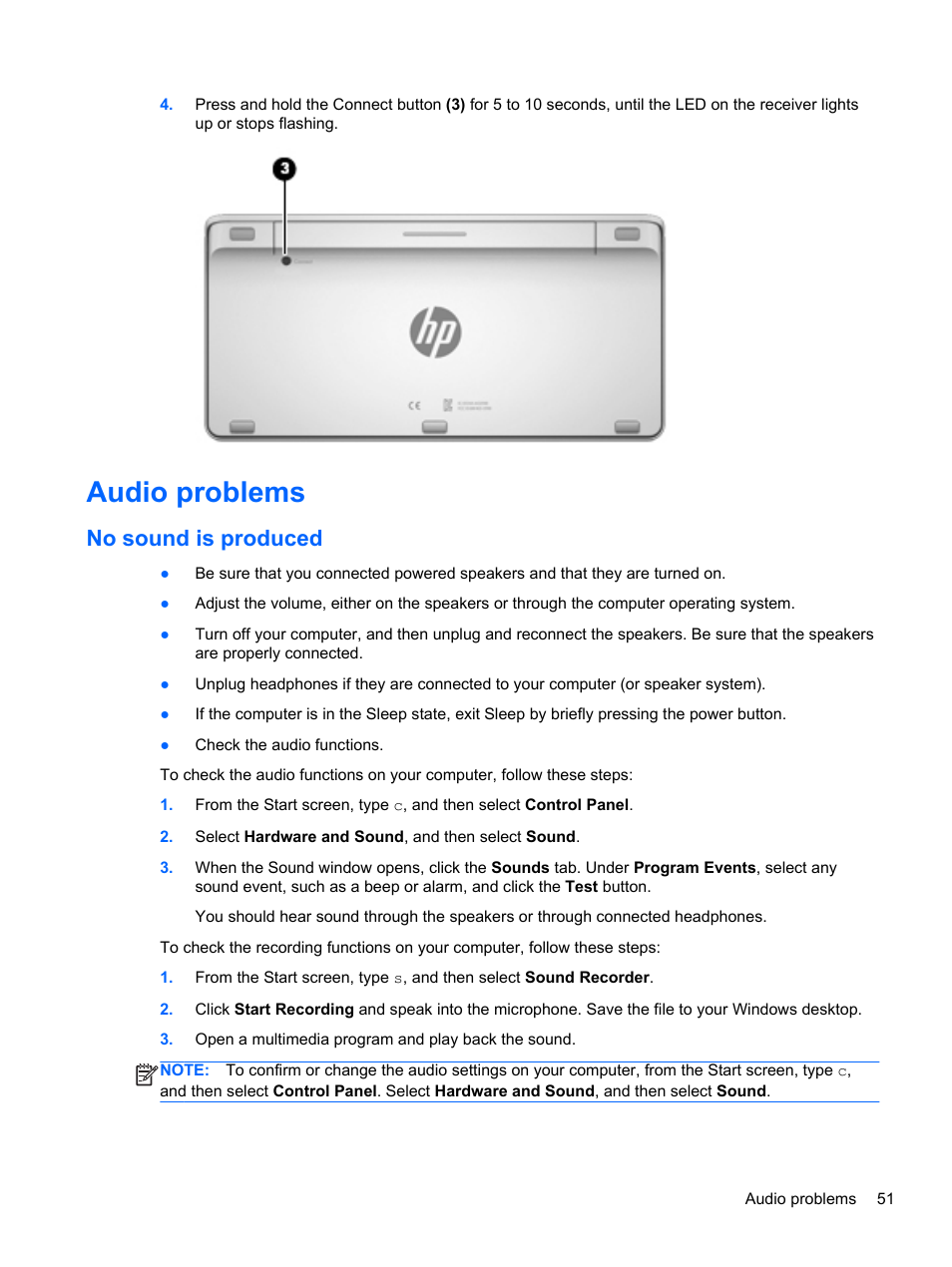 Audio problems, No sound is produced | HP ENVY Rove 20-k121us Mobile All-in-One Desktop PC User Manual | Page 59 / 65