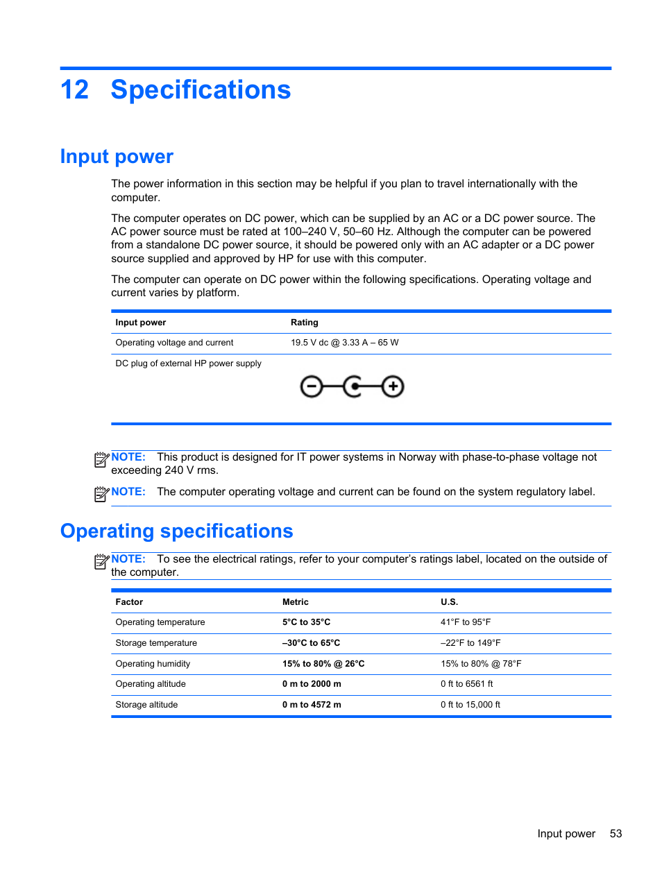 Specifications, Input power, Operating specifications | 12 specifications, Input power operating specifications | HP ENVY Rove 20-k121us Mobile All-in-One Desktop PC User Manual | Page 61 / 65