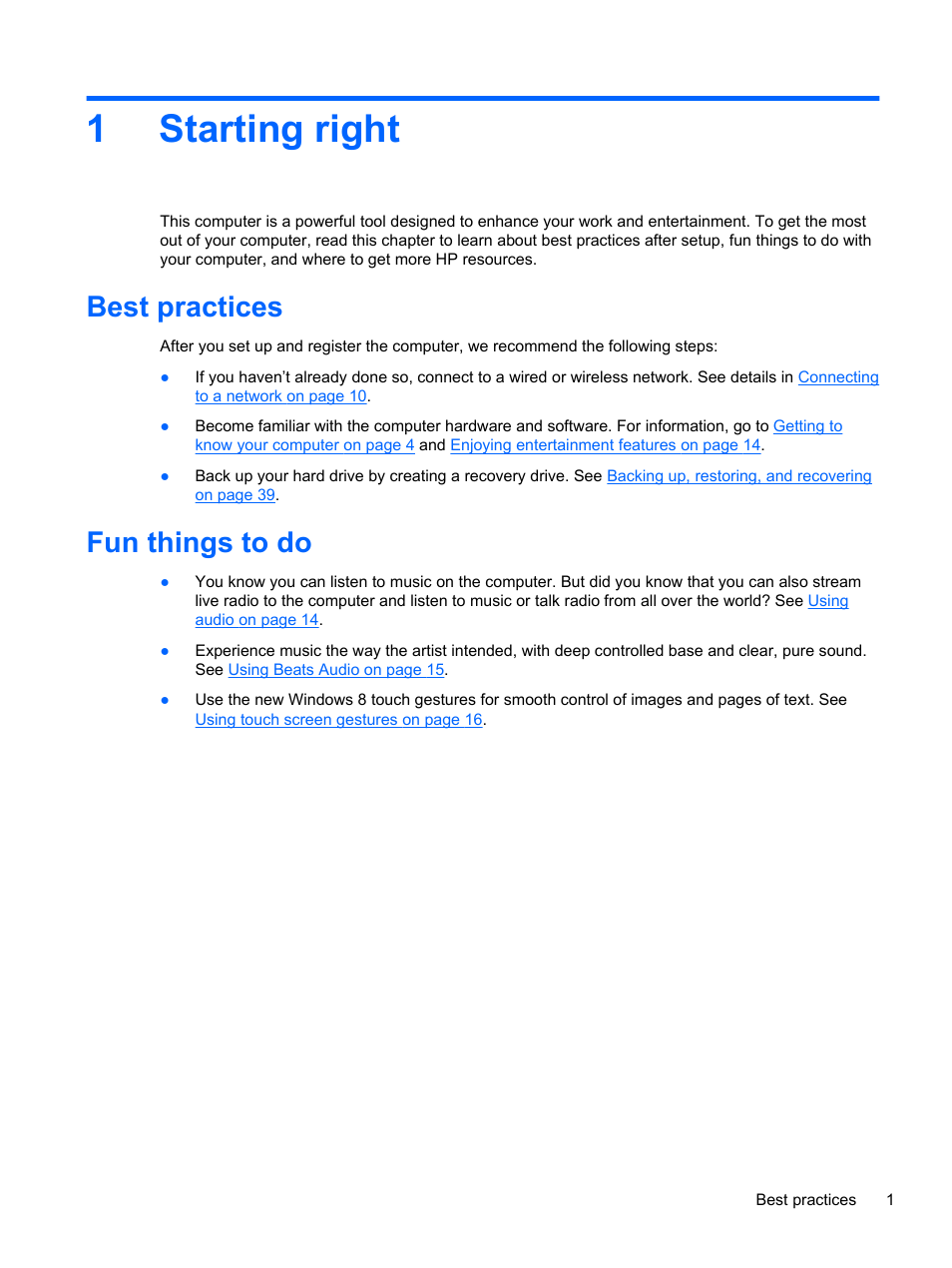 Starting right, Best practices, Fun things to do | 1 starting right, Best practices fun things to do, 1starting right | HP ENVY Rove 20-k121us Mobile All-in-One Desktop PC User Manual | Page 9 / 65