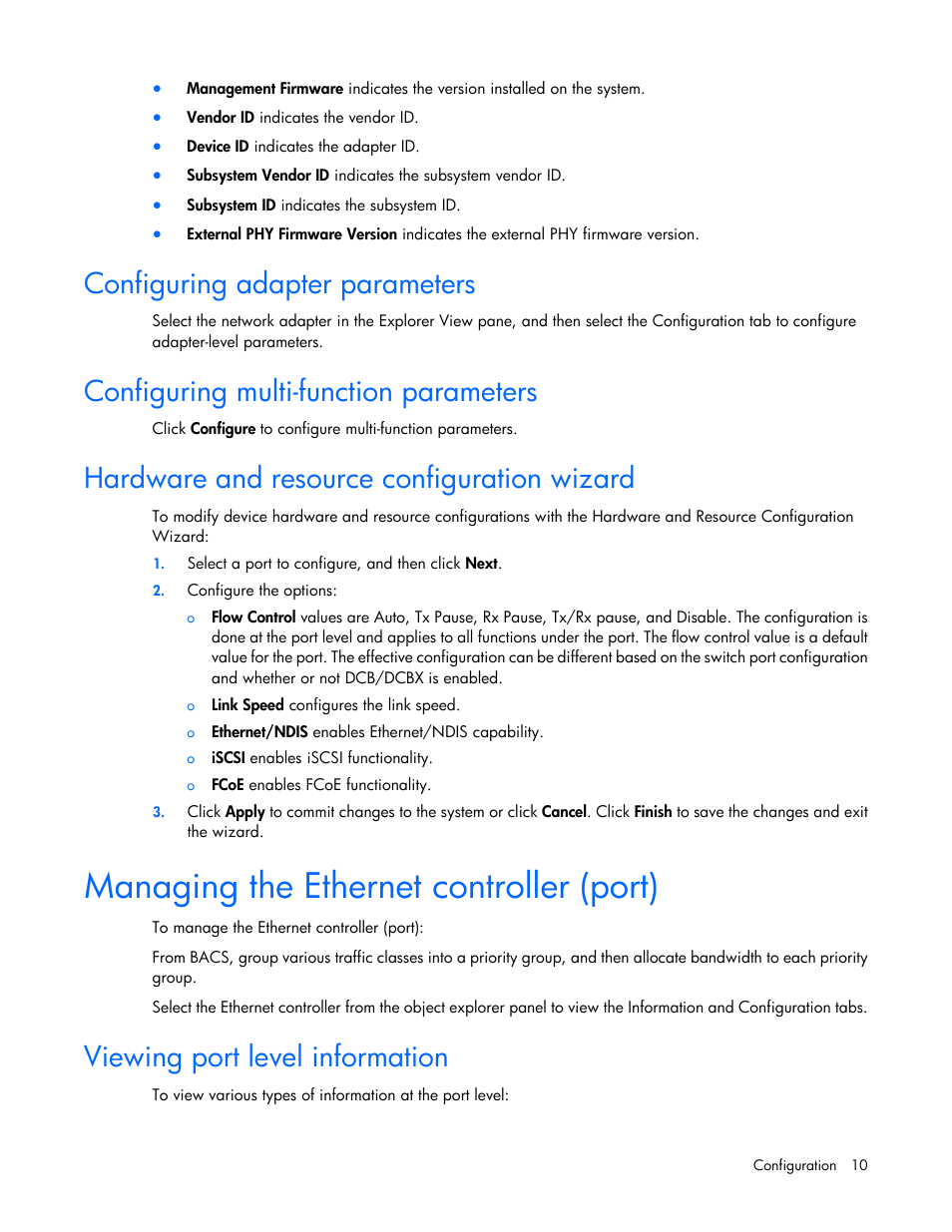 Configuring adapter parameters, Configuring multi-function parameters, Hardware and resource configuration wizard | Managing the ethernet controller (port), Viewing port level information | HP FlexFabric 10Gb 2-port 534M Adapter User Manual | Page 10 / 22