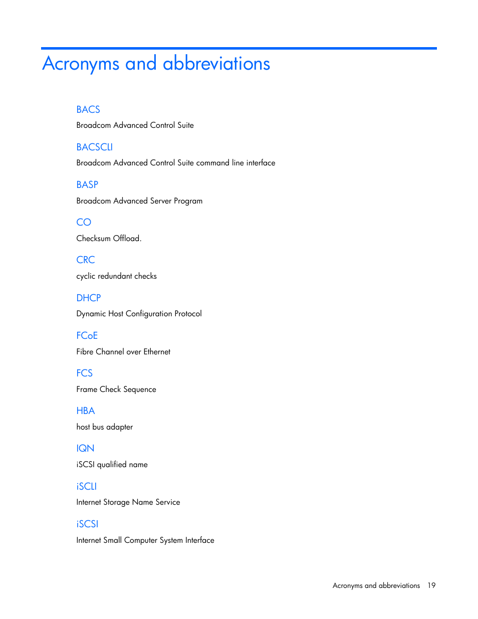 Acronyms and abbreviations | HP FlexFabric 10Gb 2-port 534M Adapter User Manual | Page 19 / 22
