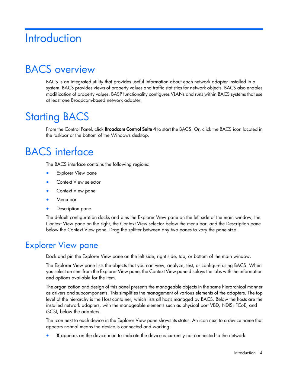 Introduction, Bacs overview, Starting bacs | Bacs interface, Explorer view pane | HP FlexFabric 10Gb 2-port 534M Adapter User Manual | Page 4 / 22