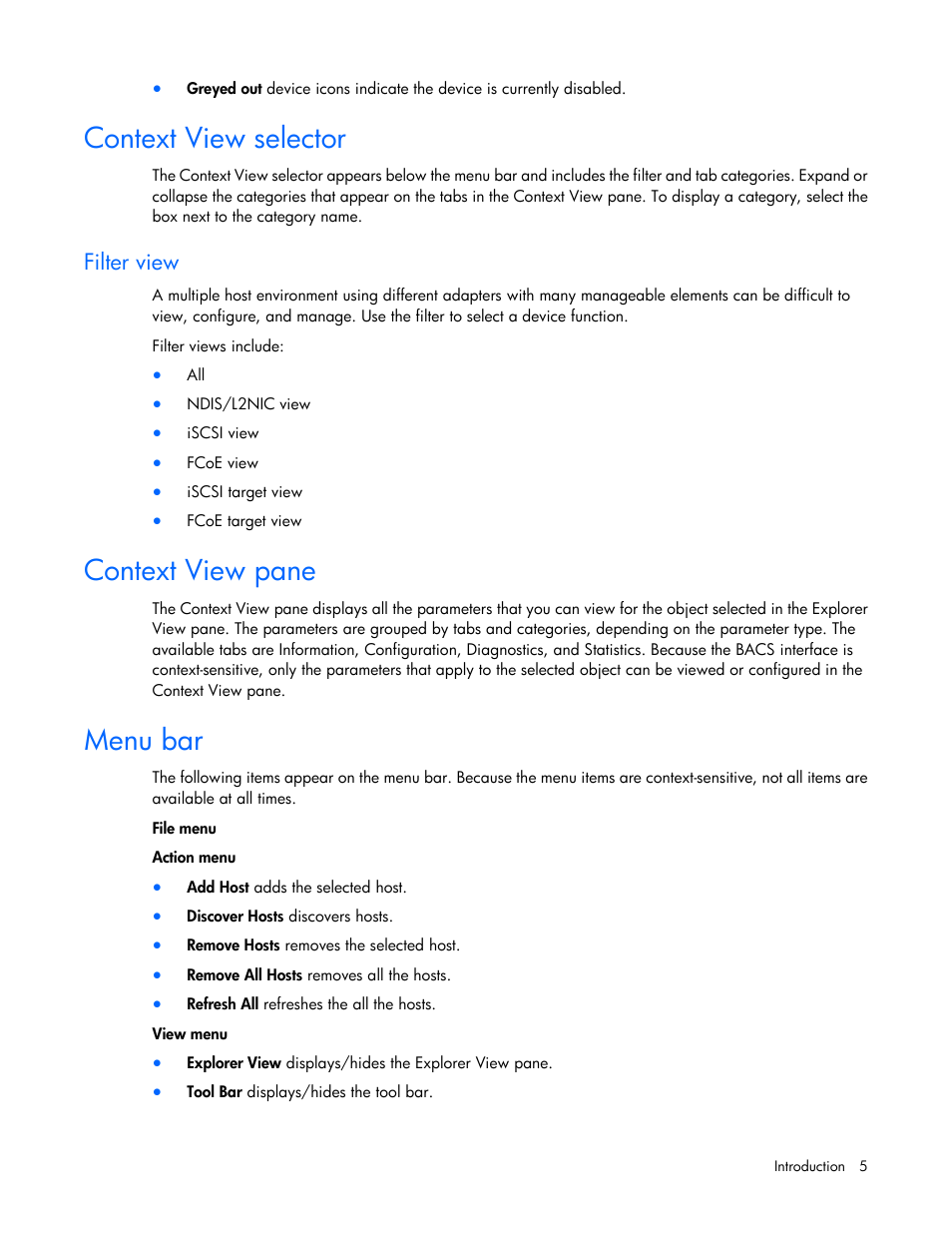 Context view selector, Filter view, Context view pane | Menu bar | HP FlexFabric 10Gb 2-port 534M Adapter User Manual | Page 5 / 22