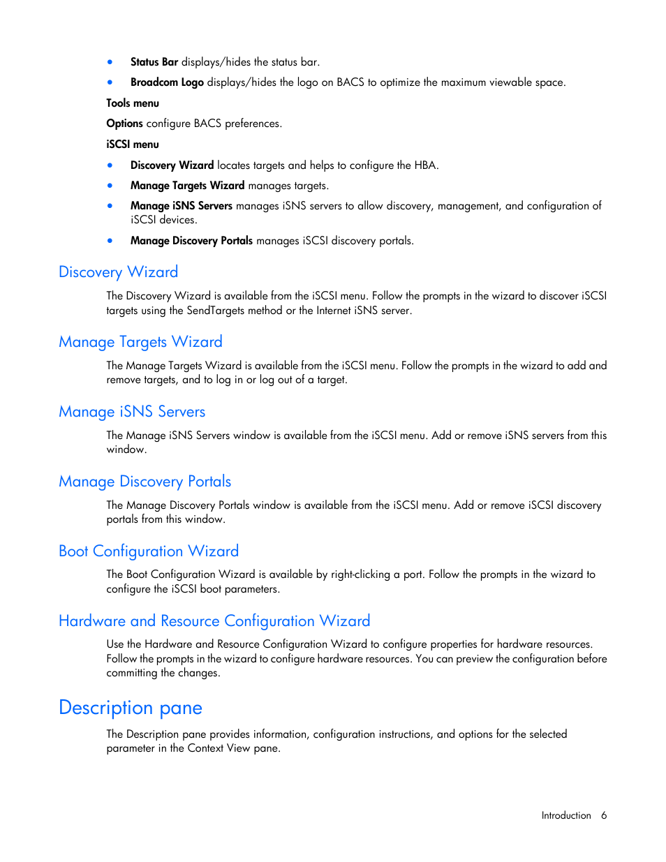 Discovery wizard, Manage targets wizard, Manage isns servers | Manage discovery portals, Boot configuration wizard, Hardware and resource configuration wizard, Description pane | HP FlexFabric 10Gb 2-port 534M Adapter User Manual | Page 6 / 22