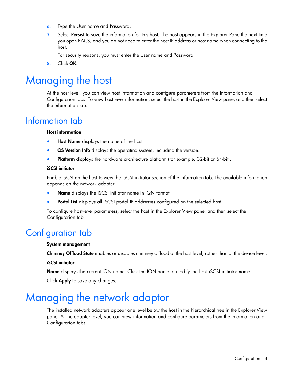 Managing the host, Information tab, Configuration tab | Managing the network adaptor | HP FlexFabric 10Gb 2-port 534M Adapter User Manual | Page 8 / 22