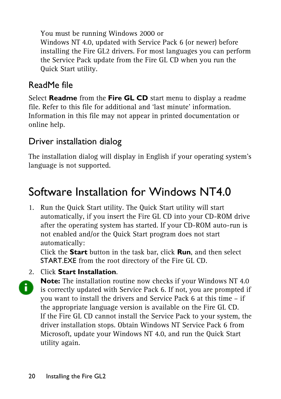 Software installation for windows nt4.0, Software installation for windows nt 4.0, Readme file | Driver installation dialog | HP Workstation x1100 User Manual | Page 23 / 52