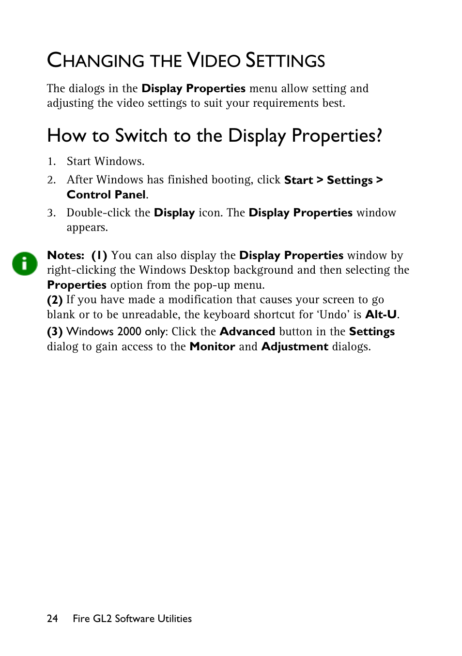 Changing the video settings, How to switch to the display properties, Hanging the | Ideo, Ettings, Display properties c | HP Workstation x1100 User Manual | Page 27 / 52