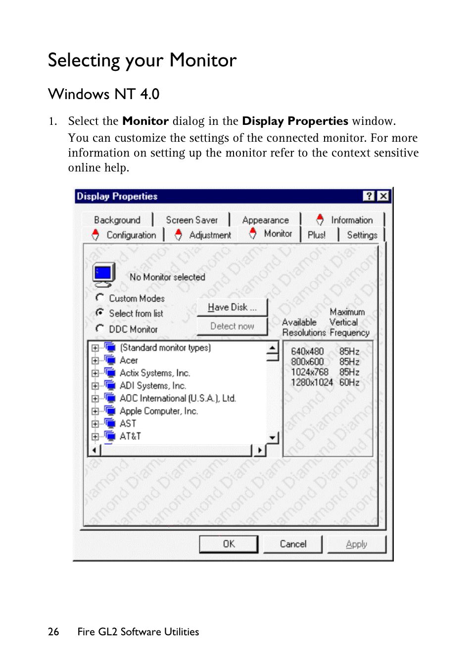 Selecting your monitor, E monitor and, Windows nt 4.0 | HP Workstation x1100 User Manual | Page 29 / 52