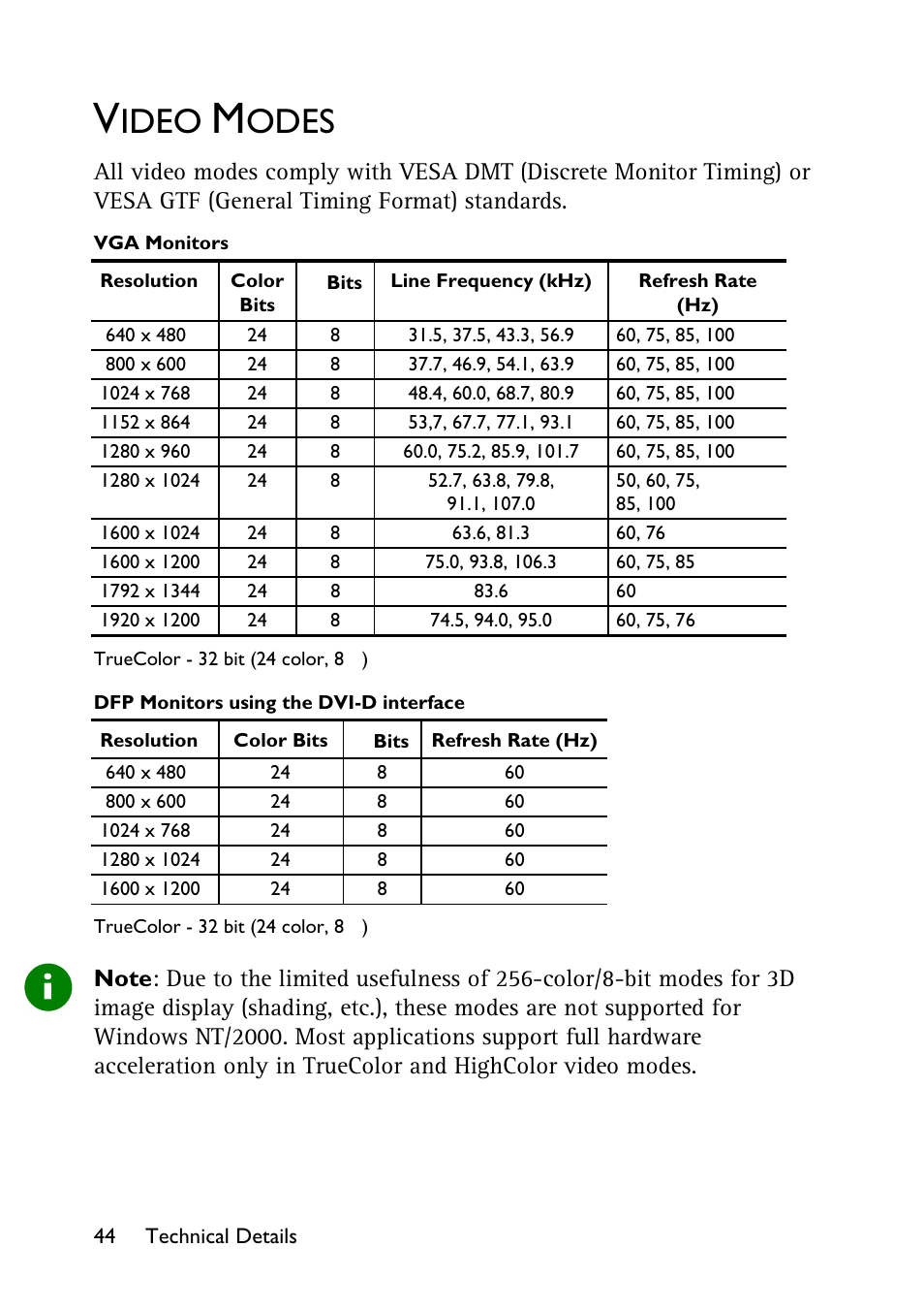 Video modes, Ideo, Odes | HP Workstation x1100 User Manual | Page 47 / 52