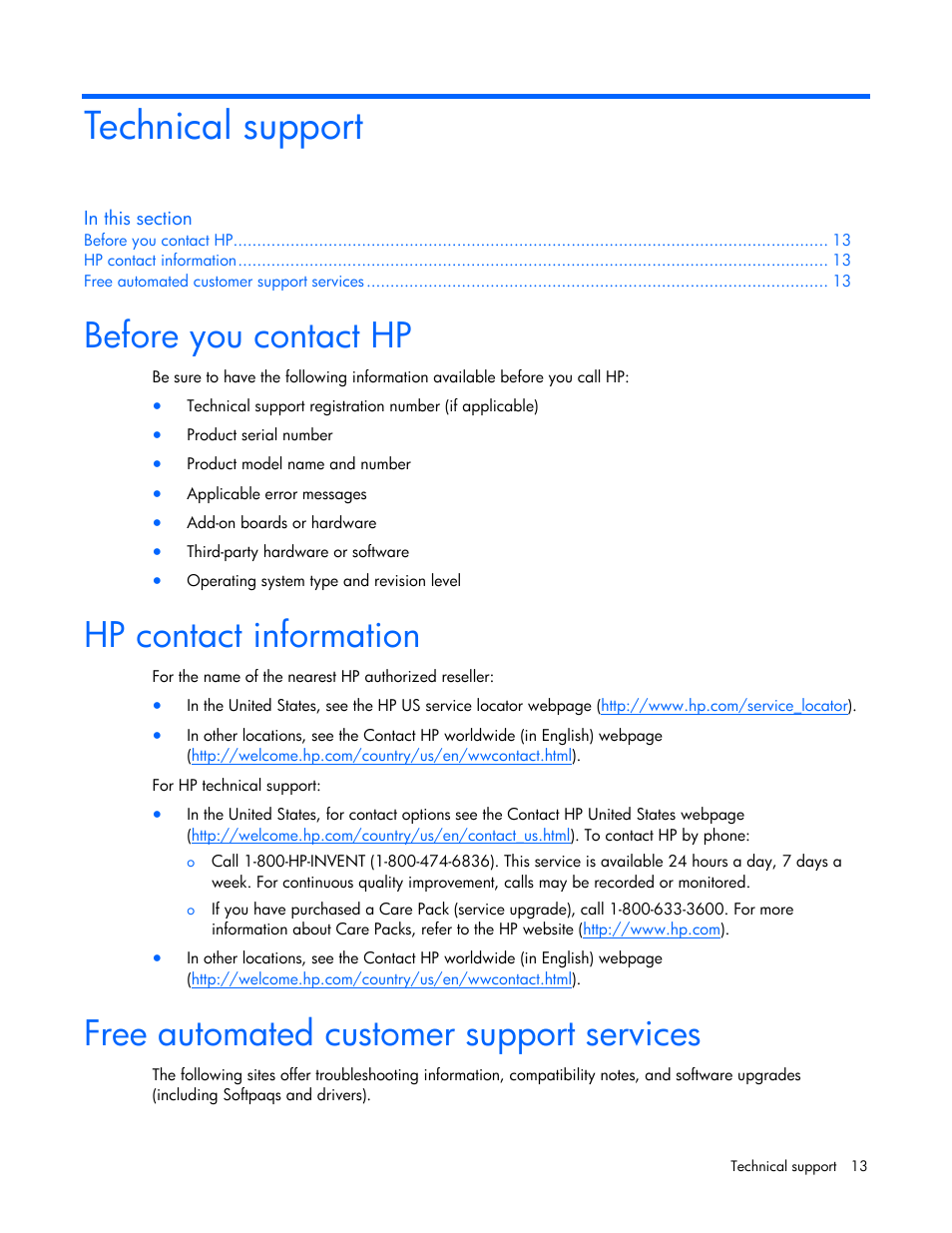Technical support, Before you contact hp, Hp contact information | Free automated customer support services | HP NC370F PCI-X Multifunction Gigabit Server Adapter User Manual | Page 13 / 16