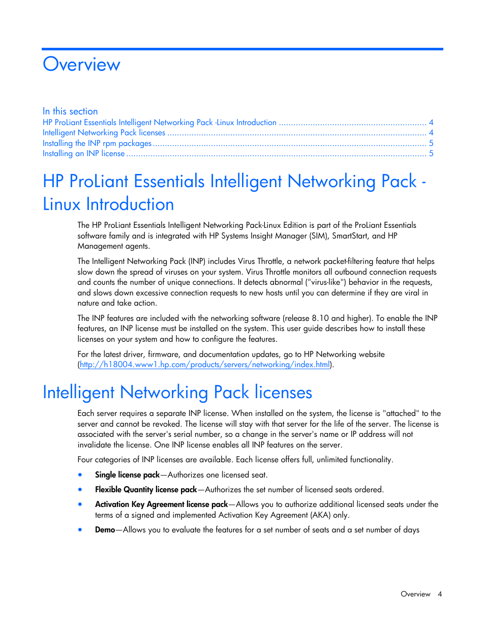 Overview, Intelligent networking pack licenses | HP NC370F PCI-X Multifunction Gigabit Server Adapter User Manual | Page 4 / 16