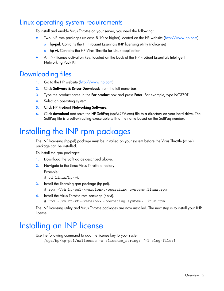 Linux operating system requirements, Downloading files, Installing the inp rpm packages | Installing an inp license | HP NC370F PCI-X Multifunction Gigabit Server Adapter User Manual | Page 5 / 16