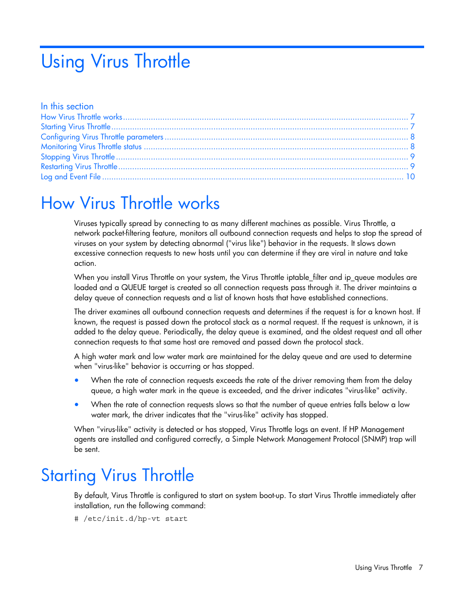 Using virus throttle, How virus throttle works, Starting virus throttle | HP NC370F PCI-X Multifunction Gigabit Server Adapter User Manual | Page 7 / 16