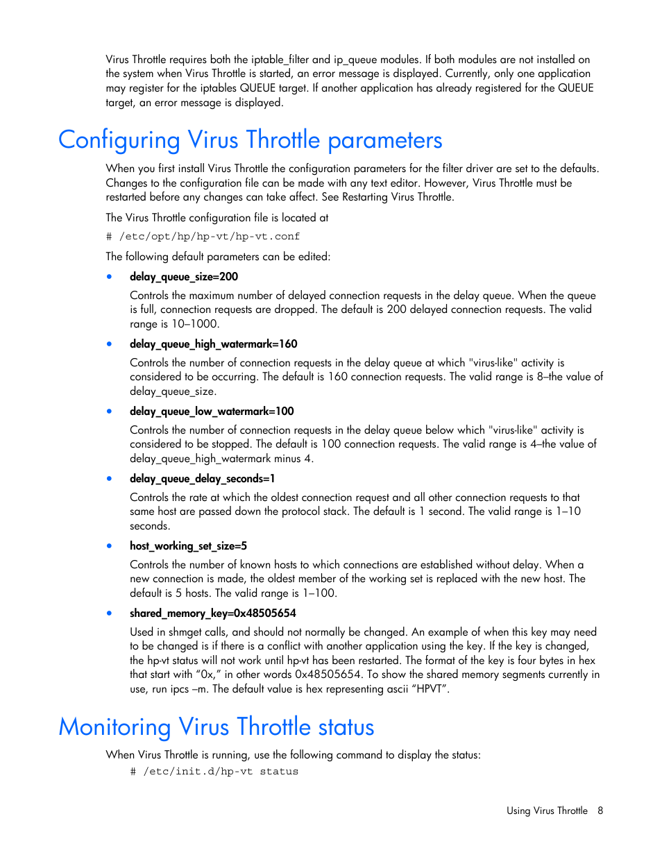 Configuring virus throttle parameters, Monitoring virus throttle status | HP NC370F PCI-X Multifunction Gigabit Server Adapter User Manual | Page 8 / 16