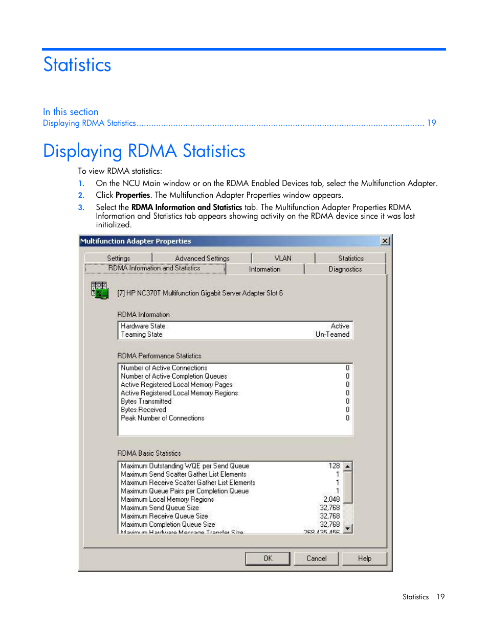 Statistics, Displaying rdma statistics | HP BladeSystem Dual NC370i Multifunction Network Adapter User Manual | Page 19 / 23