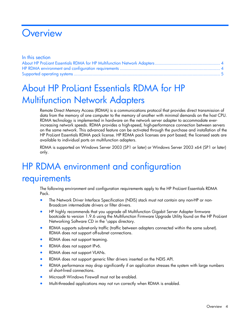 Overview, Hp rdma environment and configuration requirements | HP BladeSystem Dual NC370i Multifunction Network Adapter User Manual | Page 4 / 23