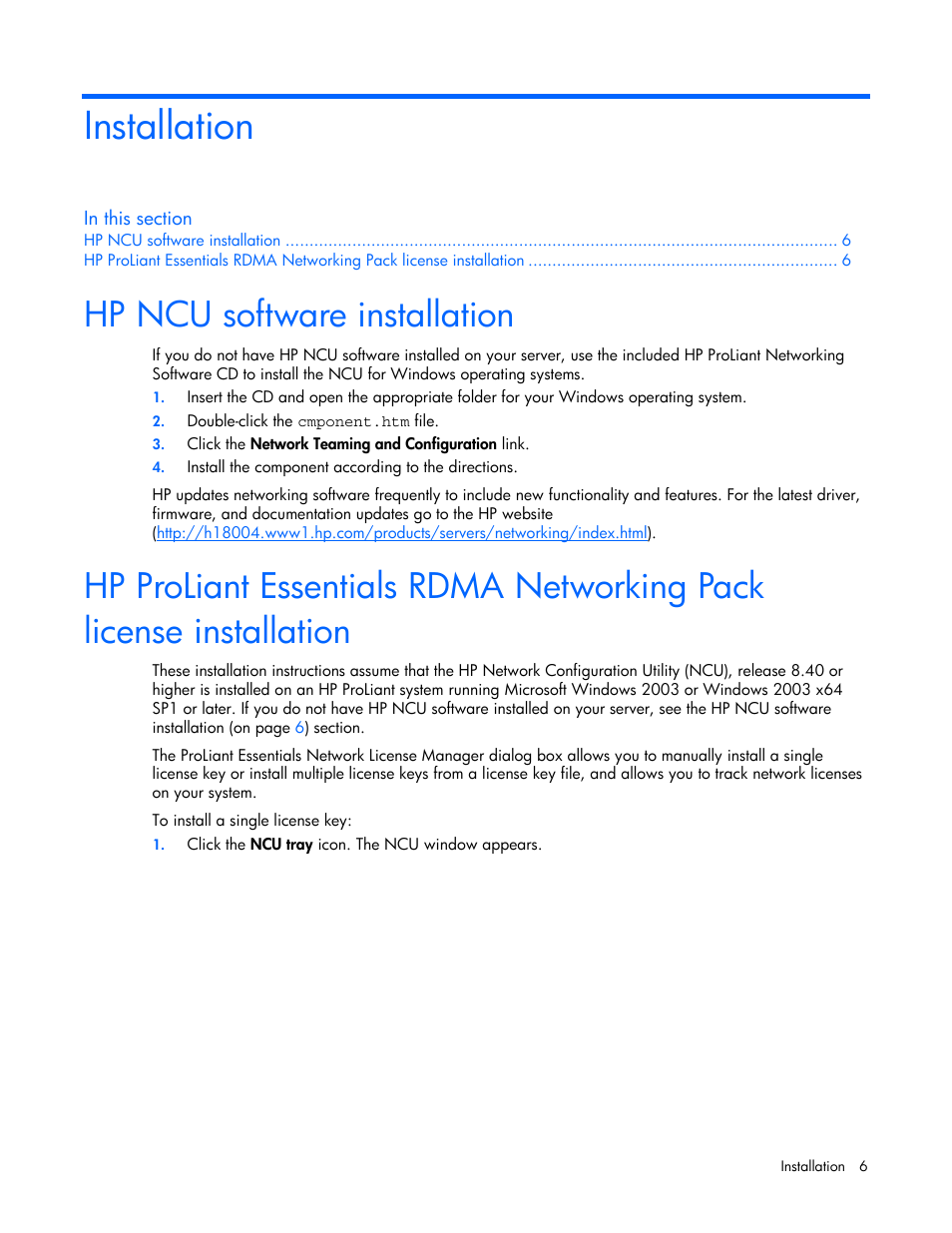 Installation, Hp ncu software installation | HP BladeSystem Dual NC370i Multifunction Network Adapter User Manual | Page 6 / 23