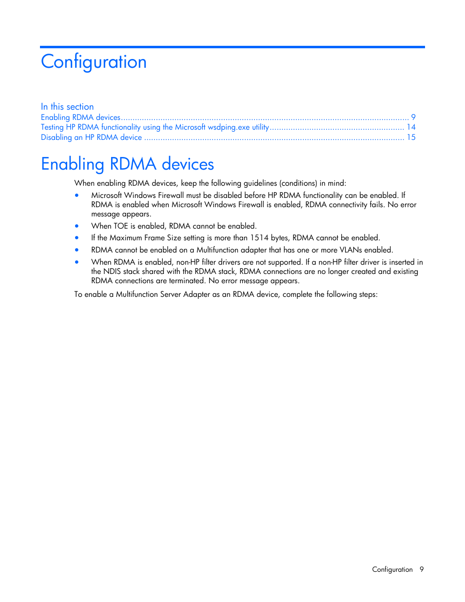 Configuration, Enabling rdma devices | HP BladeSystem Dual NC370i Multifunction Network Adapter User Manual | Page 9 / 23