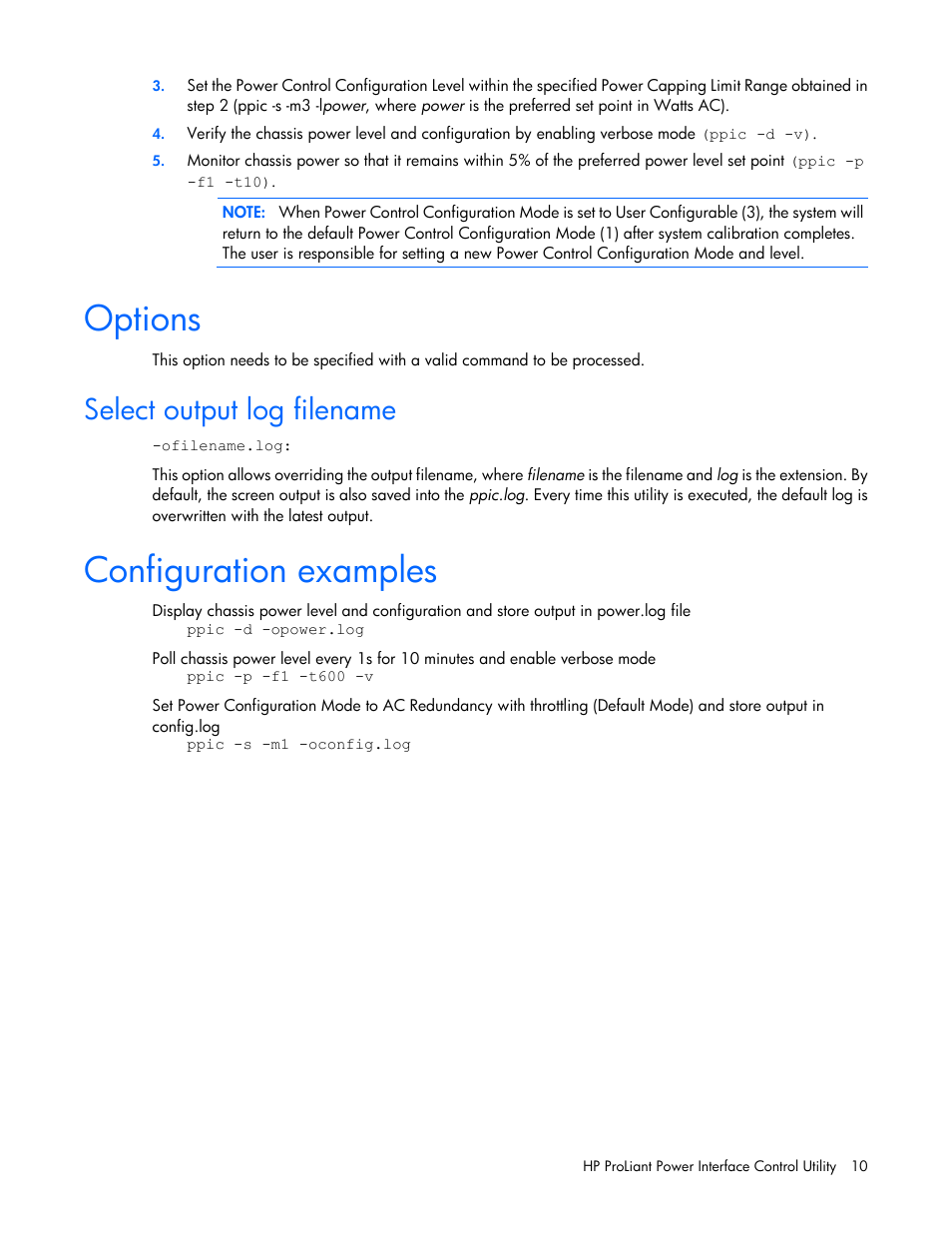 Options, Select output log filename, Configuration examples | HP ProLiant DL170e G6 Server User Manual | Page 10 / 11