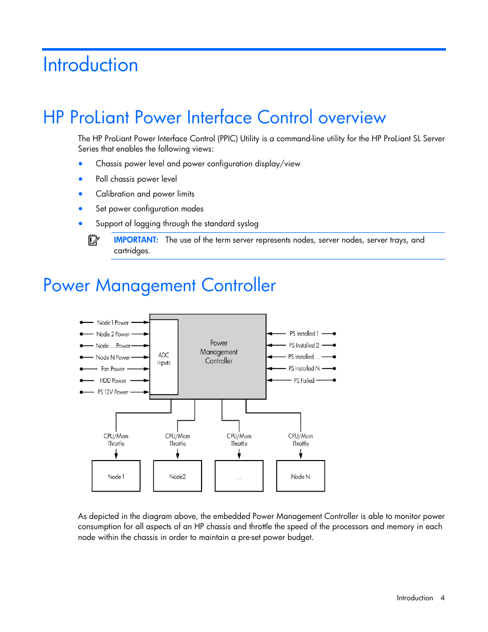 Introduction, Hp proliant power interface control overview, Power management controller | HP ProLiant DL170e G6 Server User Manual | Page 4 / 11