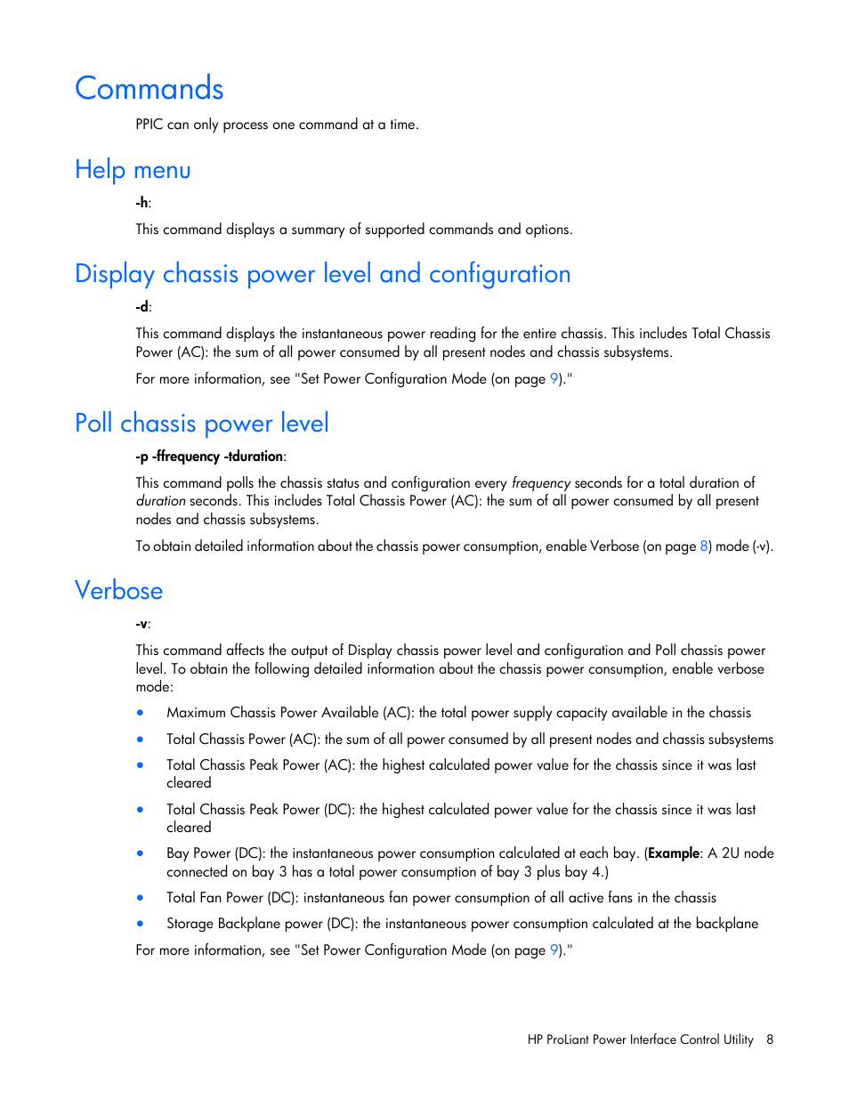 Commands, Help menu, Display chassis power level and configuration | Poll chassis power level, Verbose | HP ProLiant DL170e G6 Server User Manual | Page 8 / 11