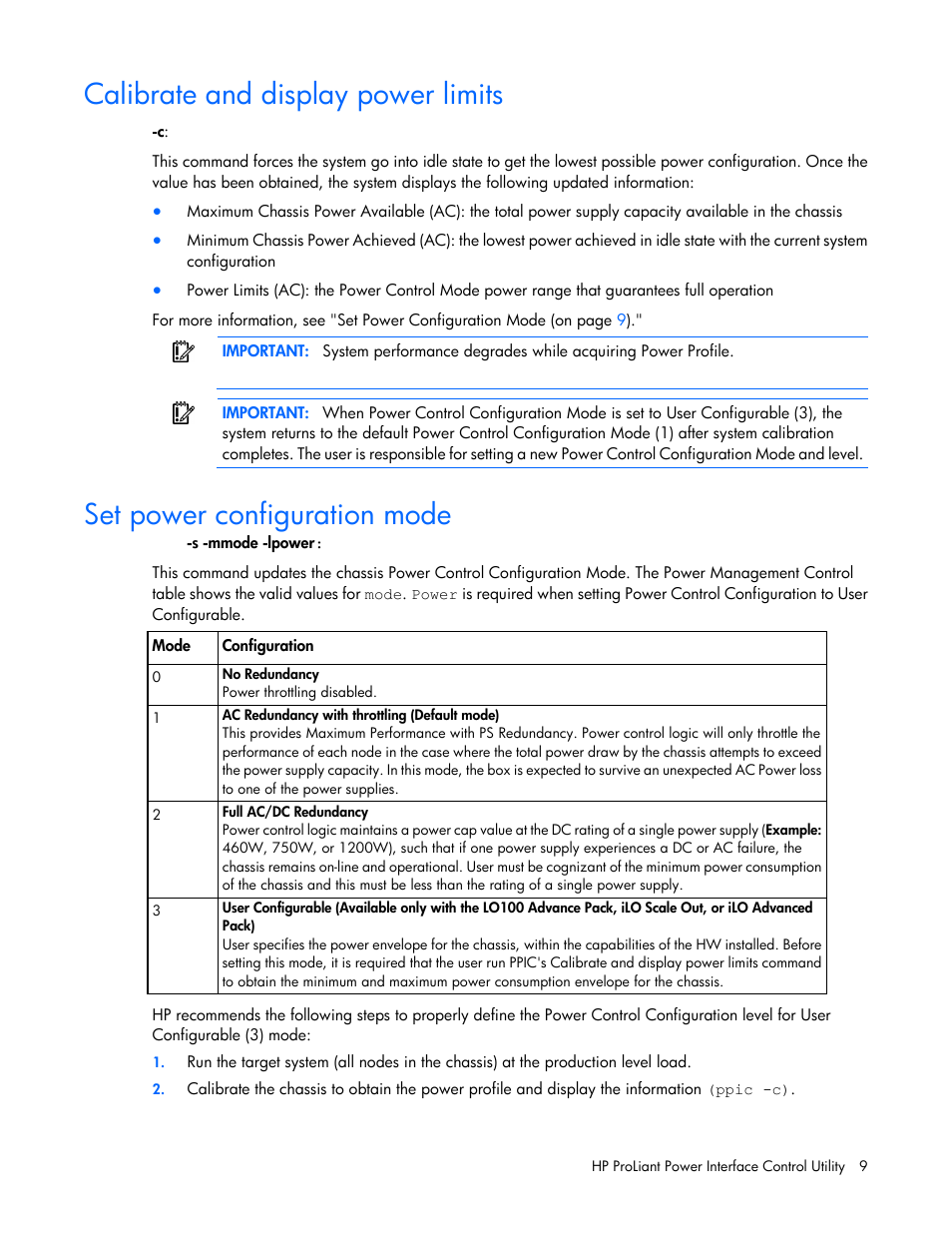 Calibrate and display power limits, Set power configuration mode | HP ProLiant DL170e G6 Server User Manual | Page 9 / 11