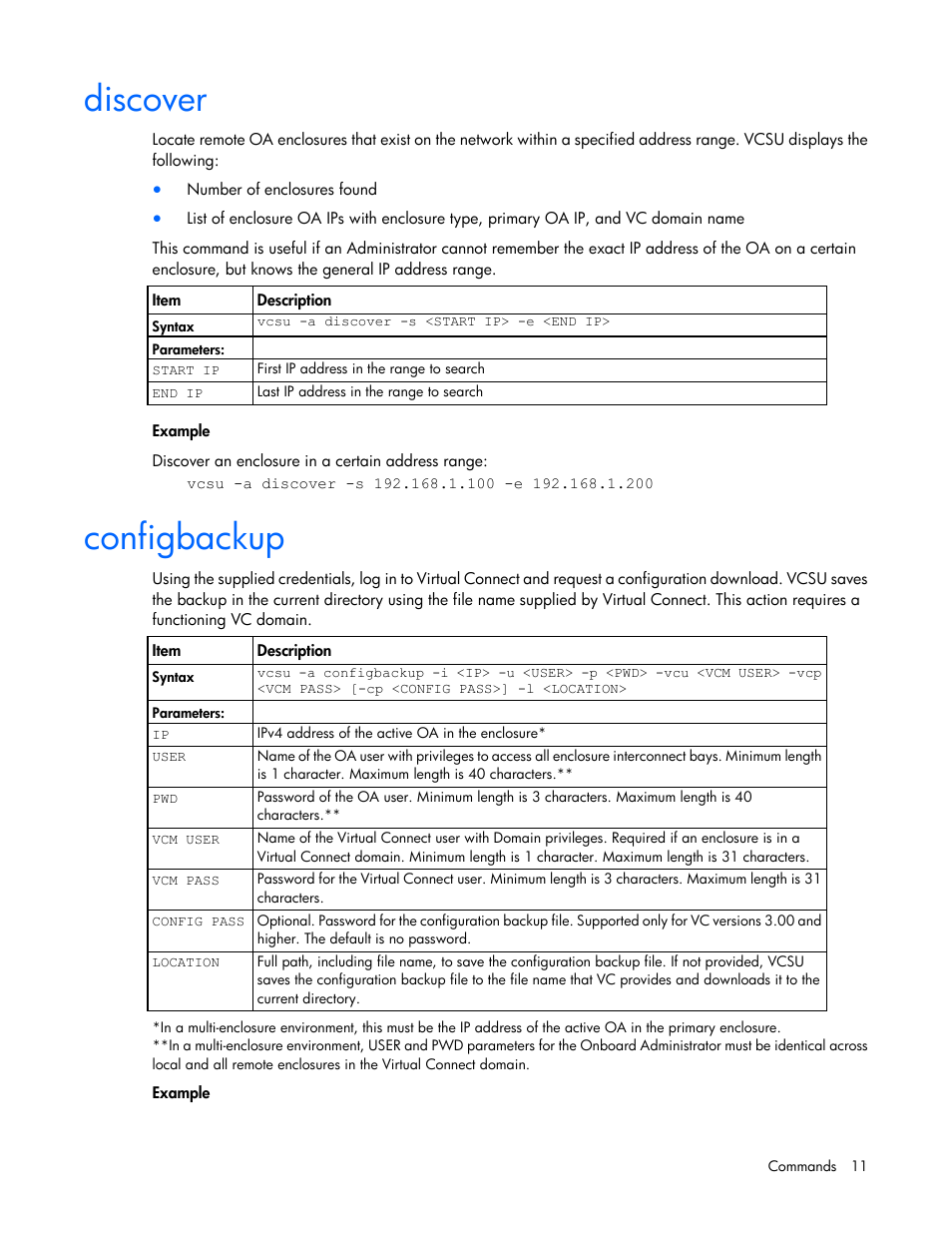 Discover, Configbackup | HP Virtual Connect 8Gb 24-port Fibre Channel Module for c-Class BladeSystem User Manual | Page 11 / 32