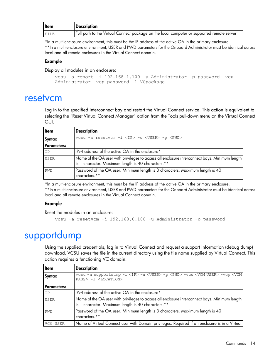 Resetvcm, Supportdump | HP Virtual Connect 8Gb 24-port Fibre Channel Module for c-Class BladeSystem User Manual | Page 14 / 32