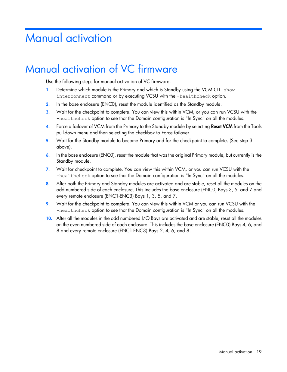 Manual activation, Manual activation of vc firmware | HP Virtual Connect 8Gb 24-port Fibre Channel Module for c-Class BladeSystem User Manual | Page 19 / 32