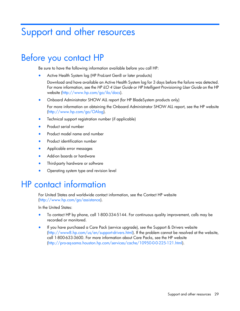 Support and other resources, Before you contact hp, Hp contact information | HP Virtual Connect 8Gb 24-port Fibre Channel Module for c-Class BladeSystem User Manual | Page 29 / 32