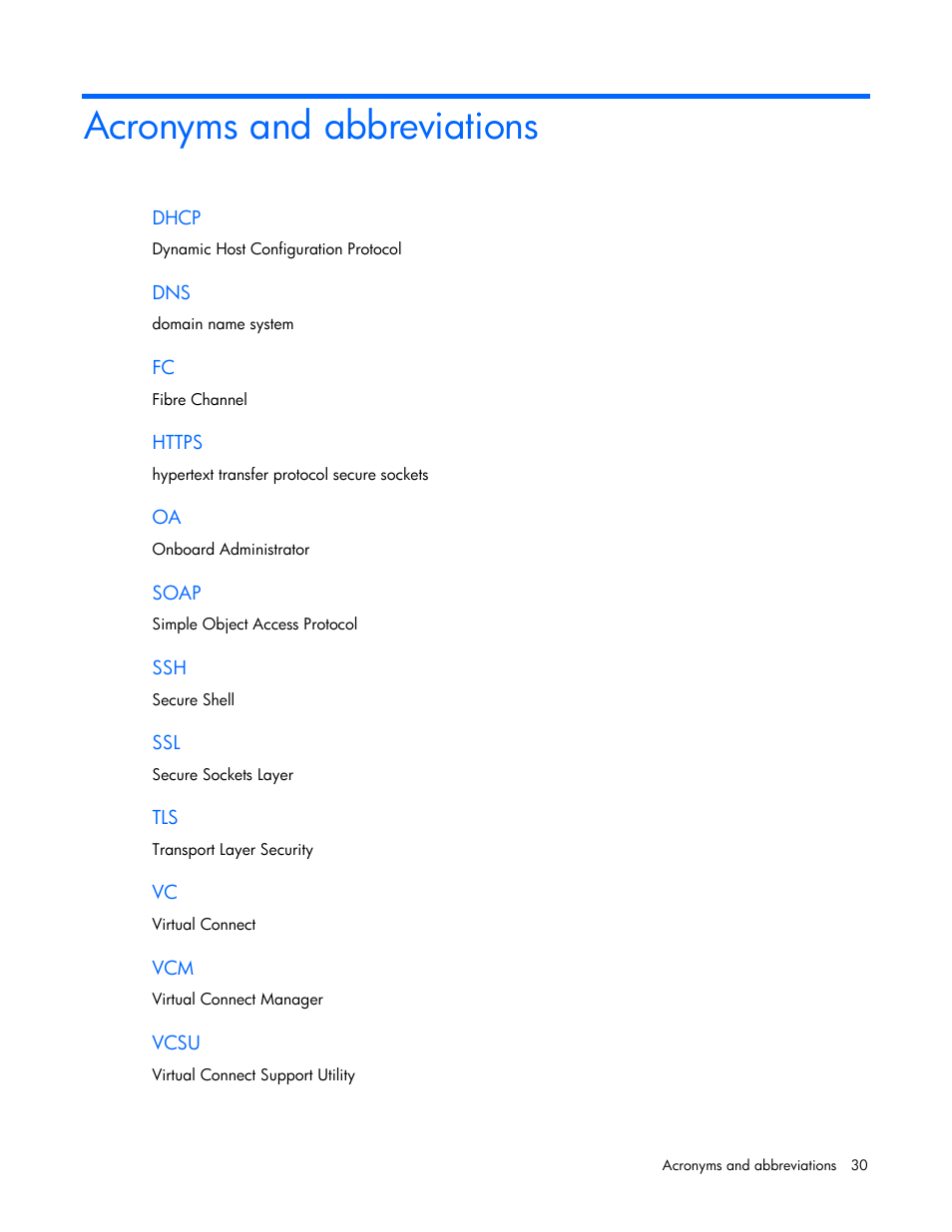 Acronyms and abbreviations | HP Virtual Connect 8Gb 24-port Fibre Channel Module for c-Class BladeSystem User Manual | Page 30 / 32