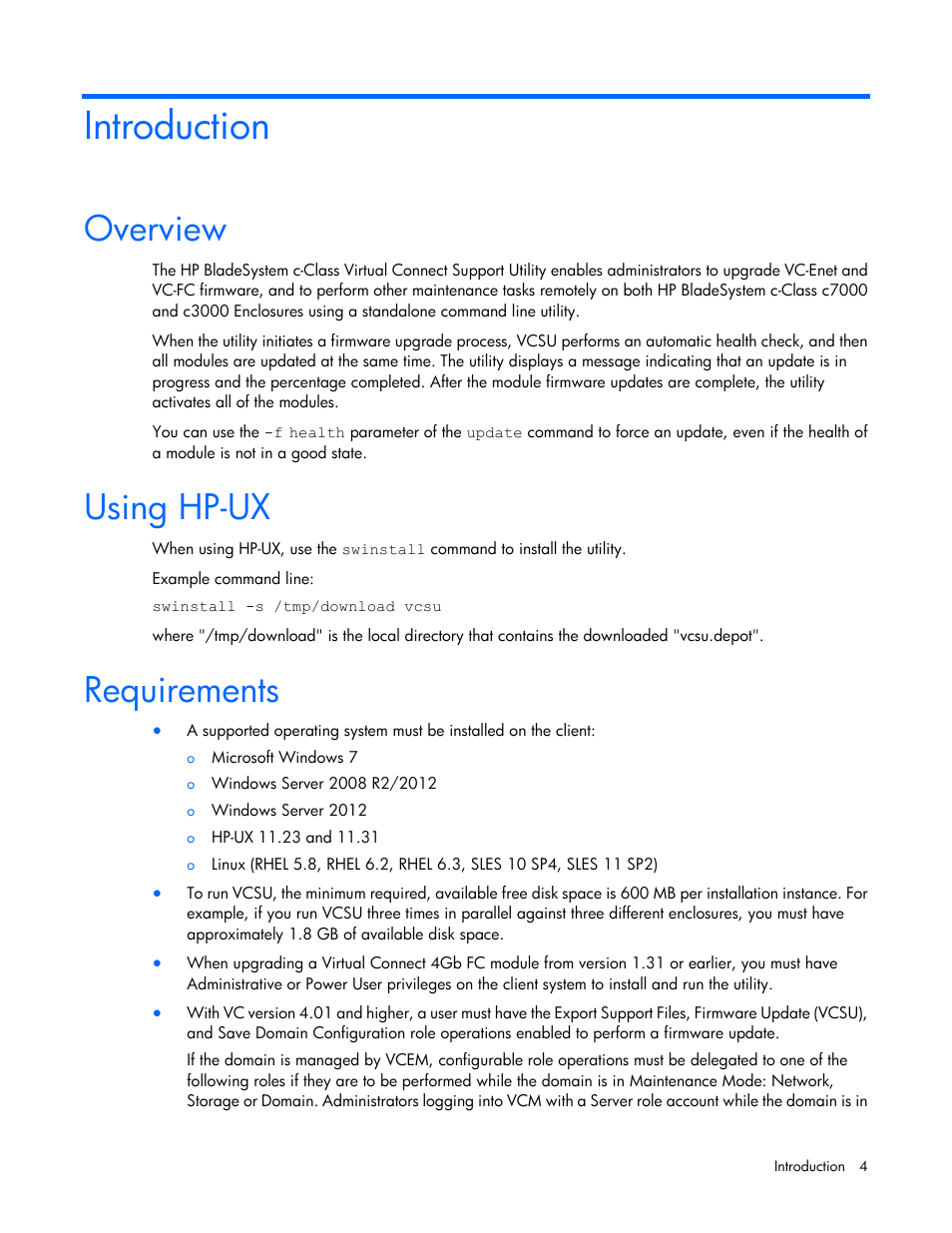 Introduction, Overview, Using hp-ux | Requirements | HP Virtual Connect 8Gb 24-port Fibre Channel Module for c-Class BladeSystem User Manual | Page 4 / 32