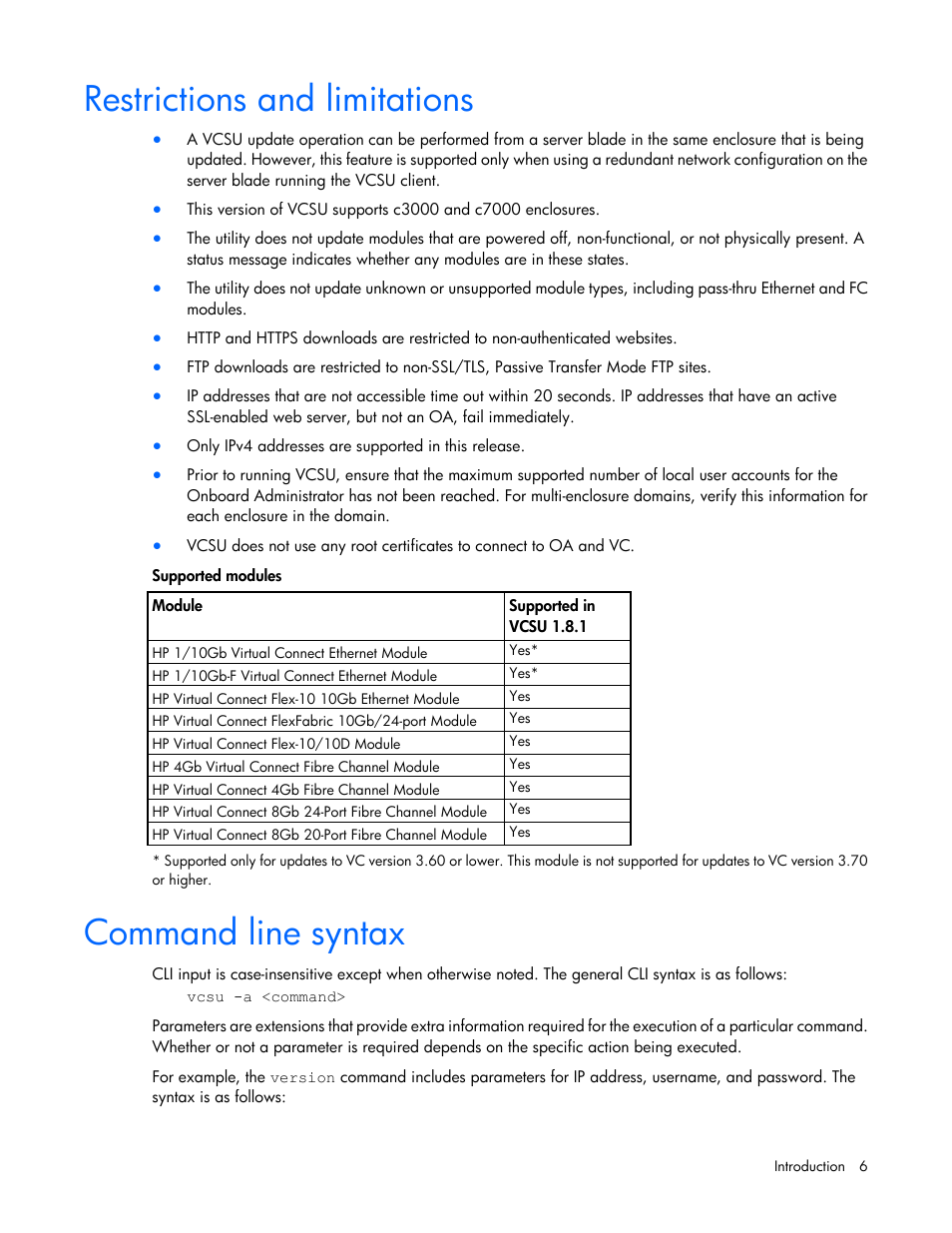 Restrictions and limitations, Command line syntax | HP Virtual Connect 8Gb 24-port Fibre Channel Module for c-Class BladeSystem User Manual | Page 6 / 32